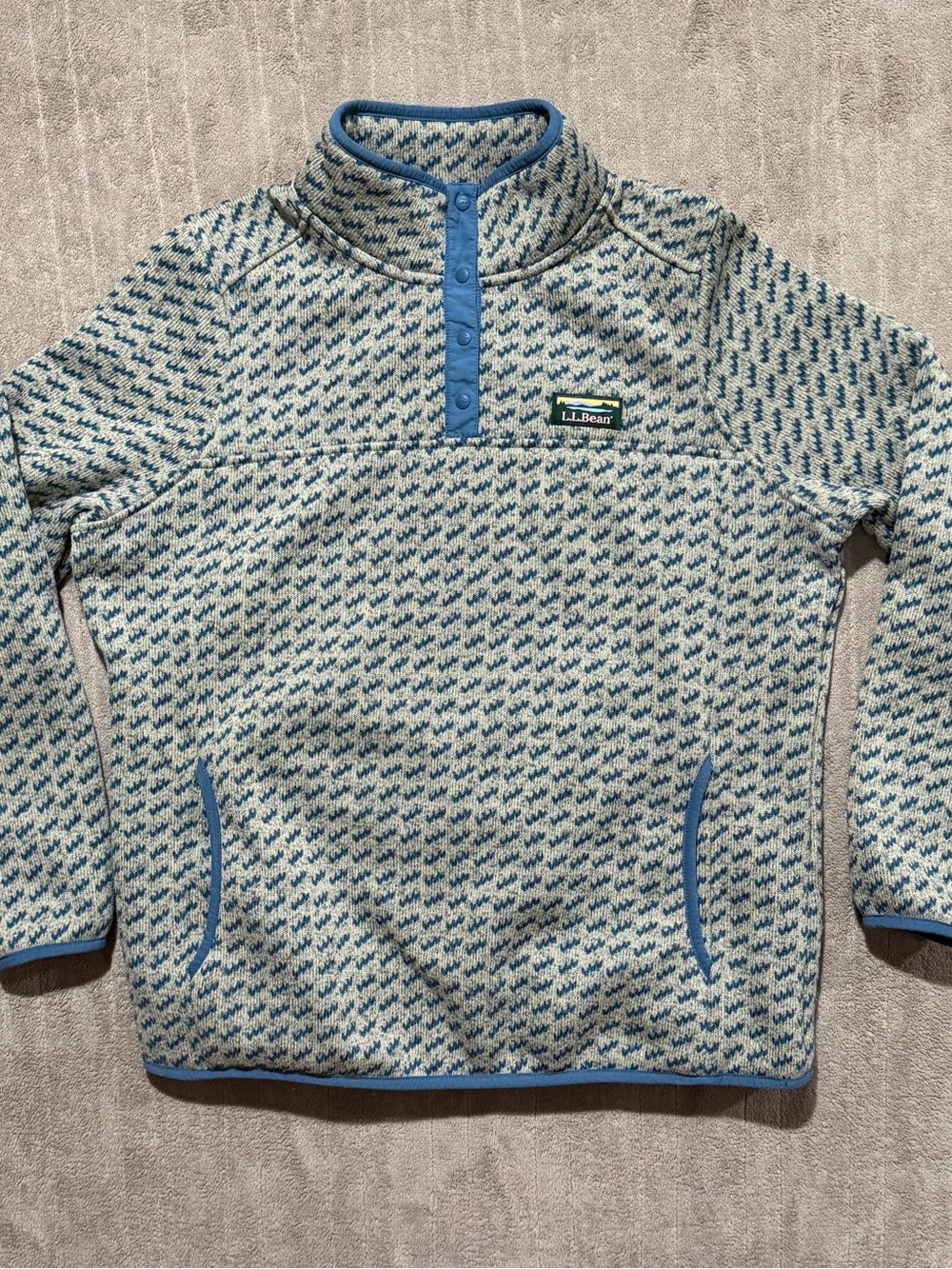 LL Bean Sweater Fleece 1/4 Snap Pullover Women’s Large Petite Gray Blue Birdseye